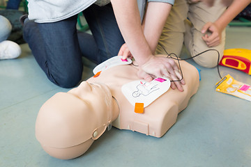 Image showing First aid resuscitation course using AED.