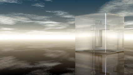 Image showing christian cross in glass cube under cloudy sky - 3d rendering