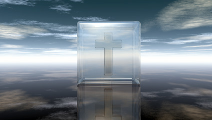 Image showing christian cross in glass cube under cloudy sky - 3d rendering