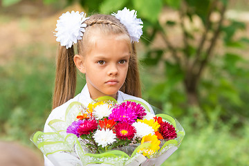 Image showing Portrait of a seven-year schoolgirl with a big bouquet in hands