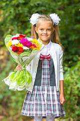 Image showing Portrait of a seven-year first-grade girls going to school on September 1 in