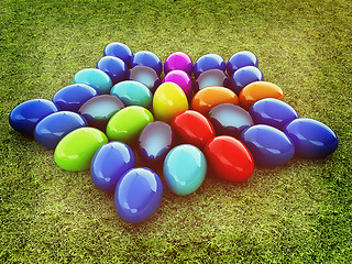 Image showing Colored Easter eggs as a flower on a green grass. 3D illustratio