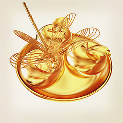 Image showing Dragonfly on gold apples. 3D illustration. Vintage style.