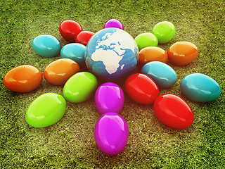 Image showing Colored Easter eggs as a flower on a green grass. 3D illustratio