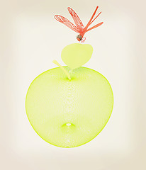 Image showing Dragonfly on apple. 3D illustration. Vintage style.