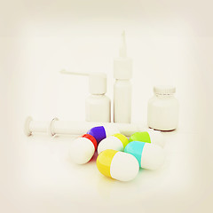 Image showing Syringe, tablet, pill jar. 3D illustration. 3D illustration. Vin