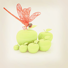 Image showing Dragonfly on apple. Natural eating concept. 3D illustration. Vin