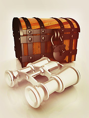 Image showing binoculars and chest. 3D illustration. Vintage style.