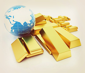 Image showing Earth and gold bars. 3D illustration. Vintage style.