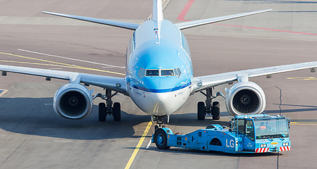 Image showing SCHIPHOL, AMSTERDAM, JULY 19, 2016: Front view of a KLM plane at