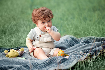 Image showing The little baby or year-old child on the grass in sunny summer day.