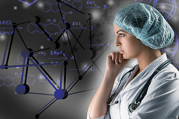 Image showing Collage on scientific topics. Young female doctor standing against gray background