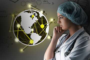 Image showing Collage on scientific topics. Young female doctor standing against gray background