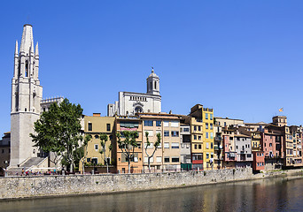 Image showing Girona picturesque small town with Colorful houses and ancient C