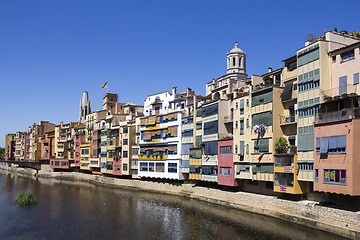 Image showing Girona picturesque small town with Colorful houses and ancient C