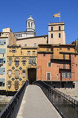 Image showing Girona picturesque small town with Colorful houses and ancient C