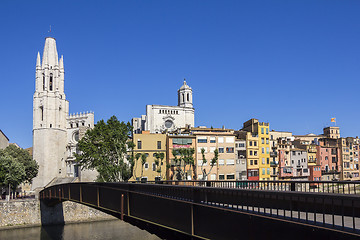 Image showing Girona picturesque small town with Colorful houses and ancient C