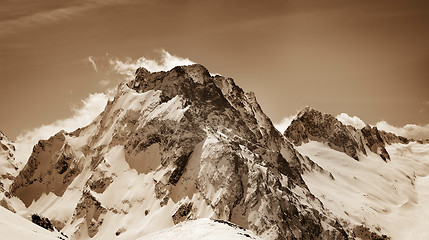 Image showing Panoramic view on snow winter mountains