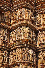 Image showing Famous sculptures of Khajuraho temples, India