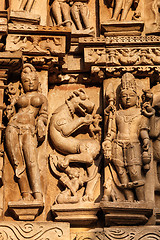 Image showing Famous sculptures of Khajuraho temples, India