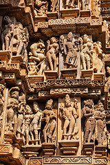 Image showing Famous sculptures of Khajuraho temples, India