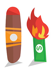 Image showing Dollar bill on fire and cigar vector illustration.