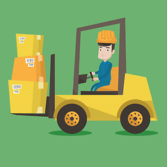 Image showing Warehouse worker moving load by forklift truck.