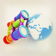 Image showing binocular around earth. 3D illustration. Vintage style.