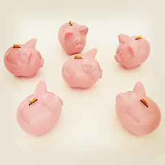 Image showing gold coin with with the piggy banks. 3D illustration. Vintage st