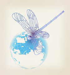 Image showing Dragonfly on earth. 3D illustration. Vintage style.