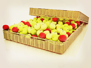 Image showing Wicker basket full of apples isolated on white. 3D illustration.