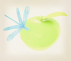 Image showing Dragonfly on apple. 3D illustration. Vintage style.