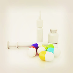 Image showing Syringe, tablet, pill jar. 3D illustration. 3D illustration. Vin