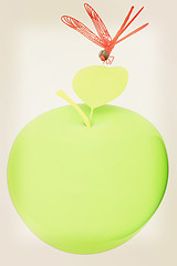 Image showing Dragonfly on apple. 3D illustration. Vintage style.