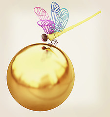 Image showing Dragonfly on abstract design sphere. 3D illustration. Vintage st