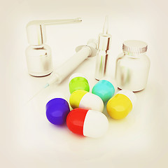 Image showing Syringe, tablet, pill jar. 3D illustration. 3D illustration. Vin