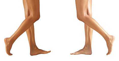 Image showing Two pairs female legs on a floor