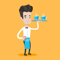 Image showing Waiter holding tray with cups of coffeee or tea.