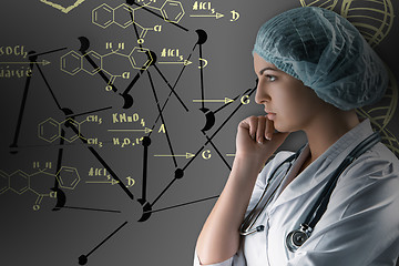 Image showing Collage on scientific topics. Young female doctor standing against gray background