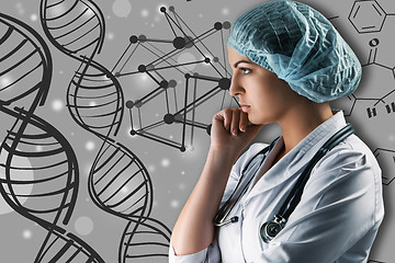 Image showing Collage on scientific topics. Young female doctor standing against gray background