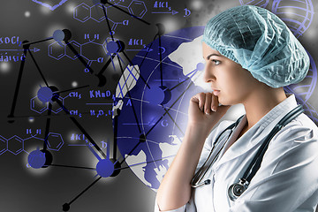 Image showing Collage on scientific topics. Young female doctor standing against gray background