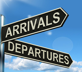 Image showing Arrivals Departures Signpost Showing Flights Airport And Interna