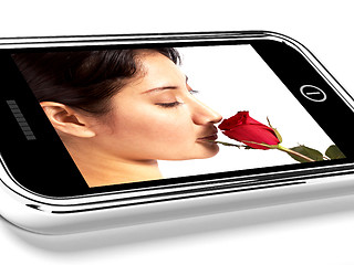 Image showing Mobile Phone Photo Of Girlfriend With A Red Rose