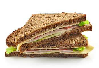 Image showing Triangle rye sandwich with sausage and cheese