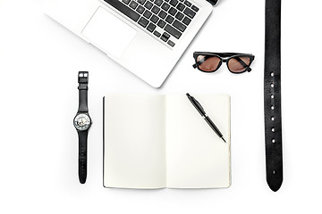 Image showing Still life of casual man. Modern male accessories and laptop on white