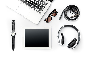 Image showing Still life of casual man. Modern male accessories and laptop on white