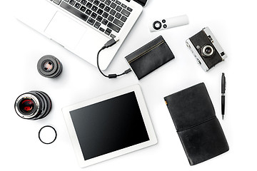 Image showing Workplace of business. Modern male accessories and laptop on white