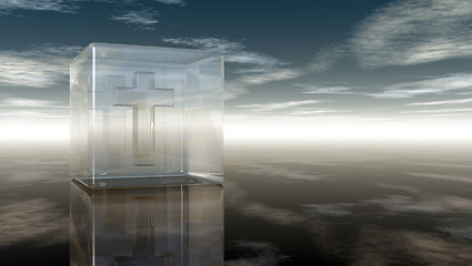 Image showing christian cross in glass cube under cloudy sky - 3d rendering