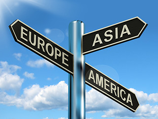 Image showing Europe Asia America Signpost Showing Continents For Travel Or To