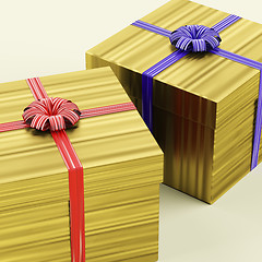 Image showing Gold Gift Boxes With Ribbon As Birthday Present